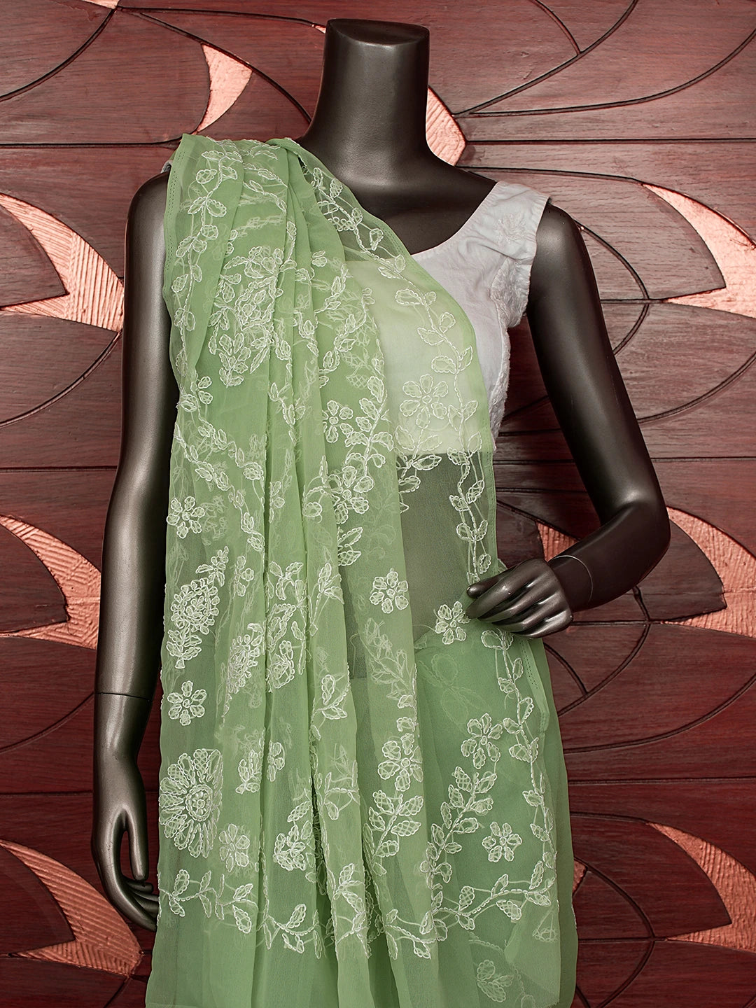 Ada Hand Embroidered Grass Green Georgette Lucknowi Chikankari Saree With Blouse 01A853811