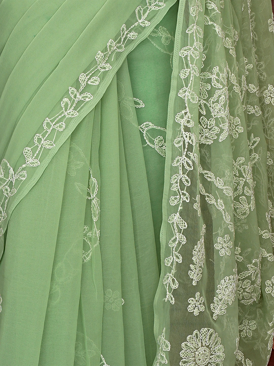 Ada Hand Embroidered Grass Green Georgette Lucknowi Chikankari Saree With Blouse 01A853811