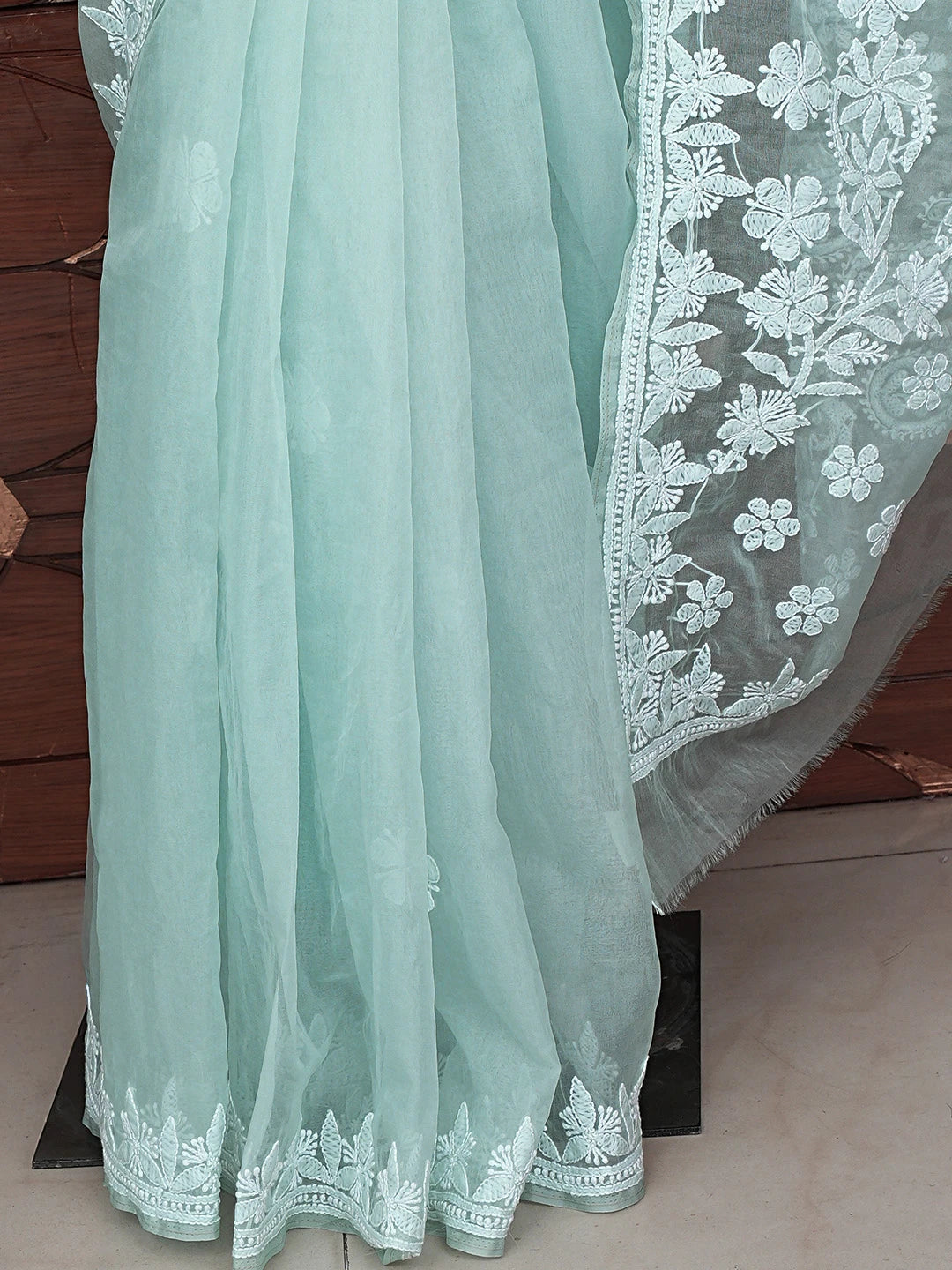 Ada Hand Embroidered Pistachio Green Organza Lucknowi Chikankari Saree With Blouse 01A794143