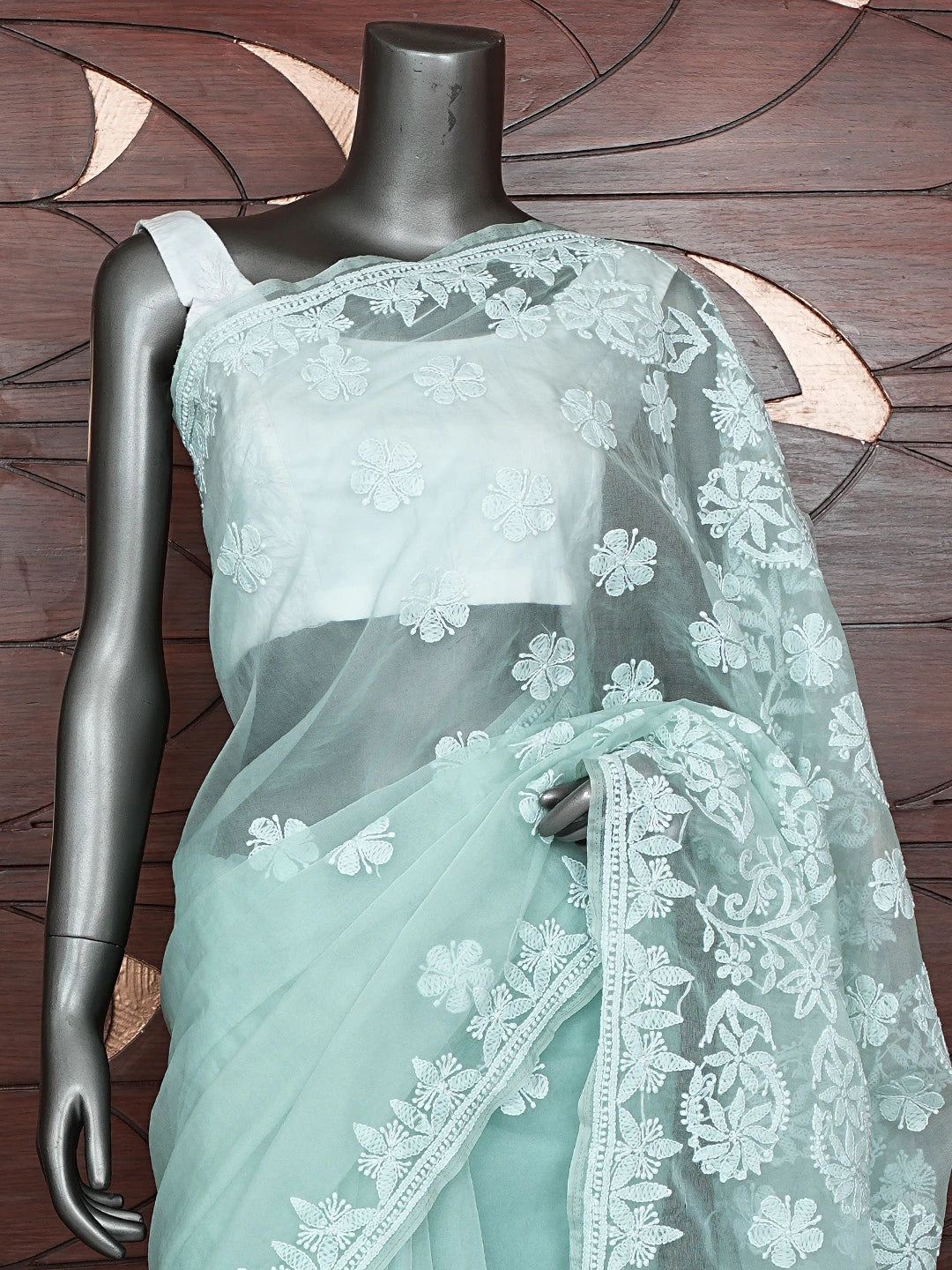 Ada Hand Embroidered Pistachio Green Organza Lucknowi Chikankari Saree With Blouse 01A794143