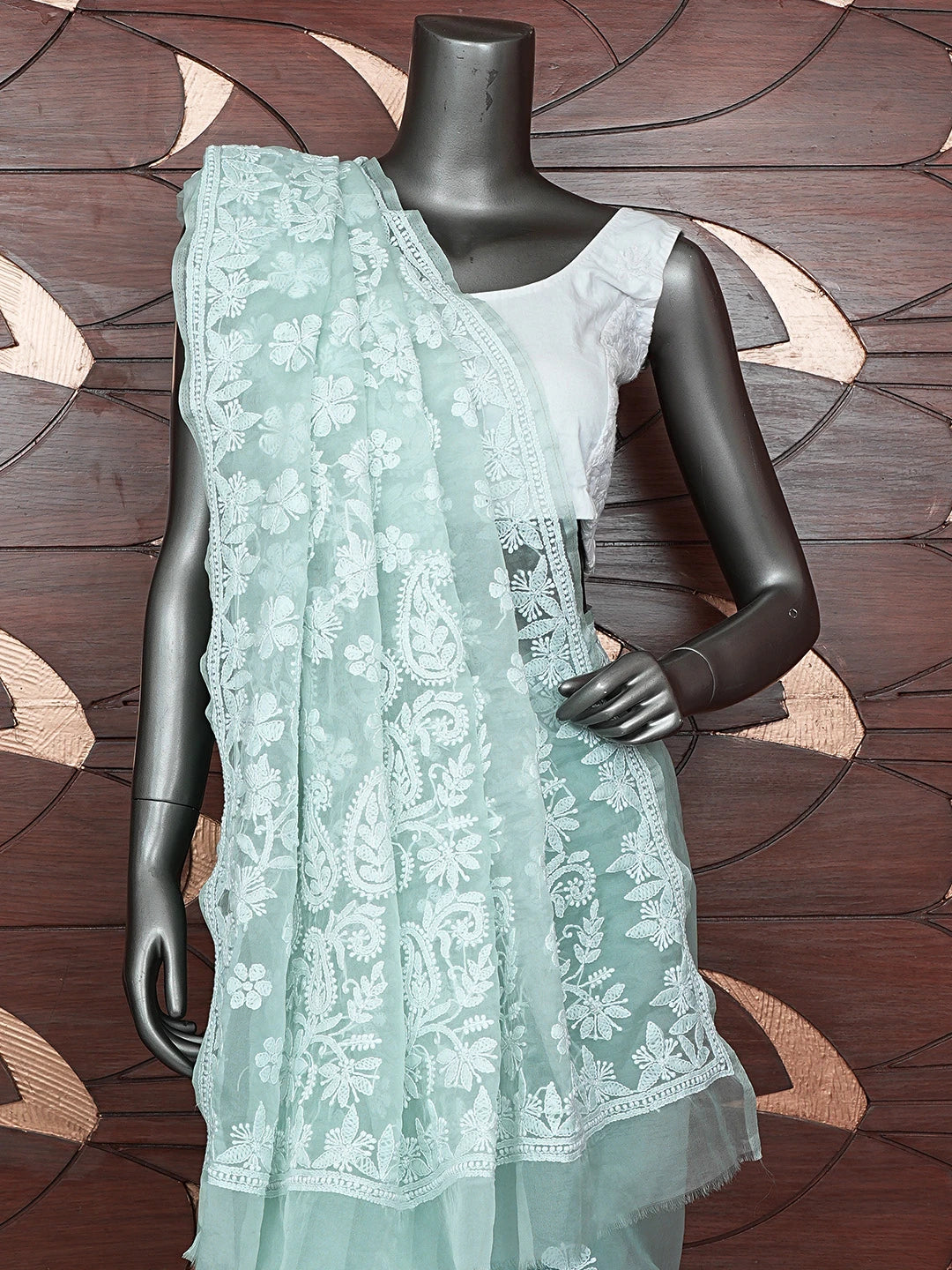 Ada Hand Embroidered Pistachio Green Organza Lucknowi Chikankari Saree With Blouse 01A794143