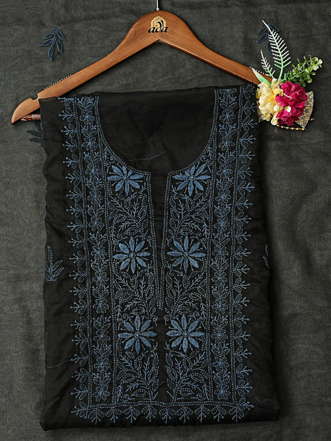 Ada Hand Embroidered Black Organza Lucknowi Chikankari Unstitched Kurta Dupatta Set 01A789403
