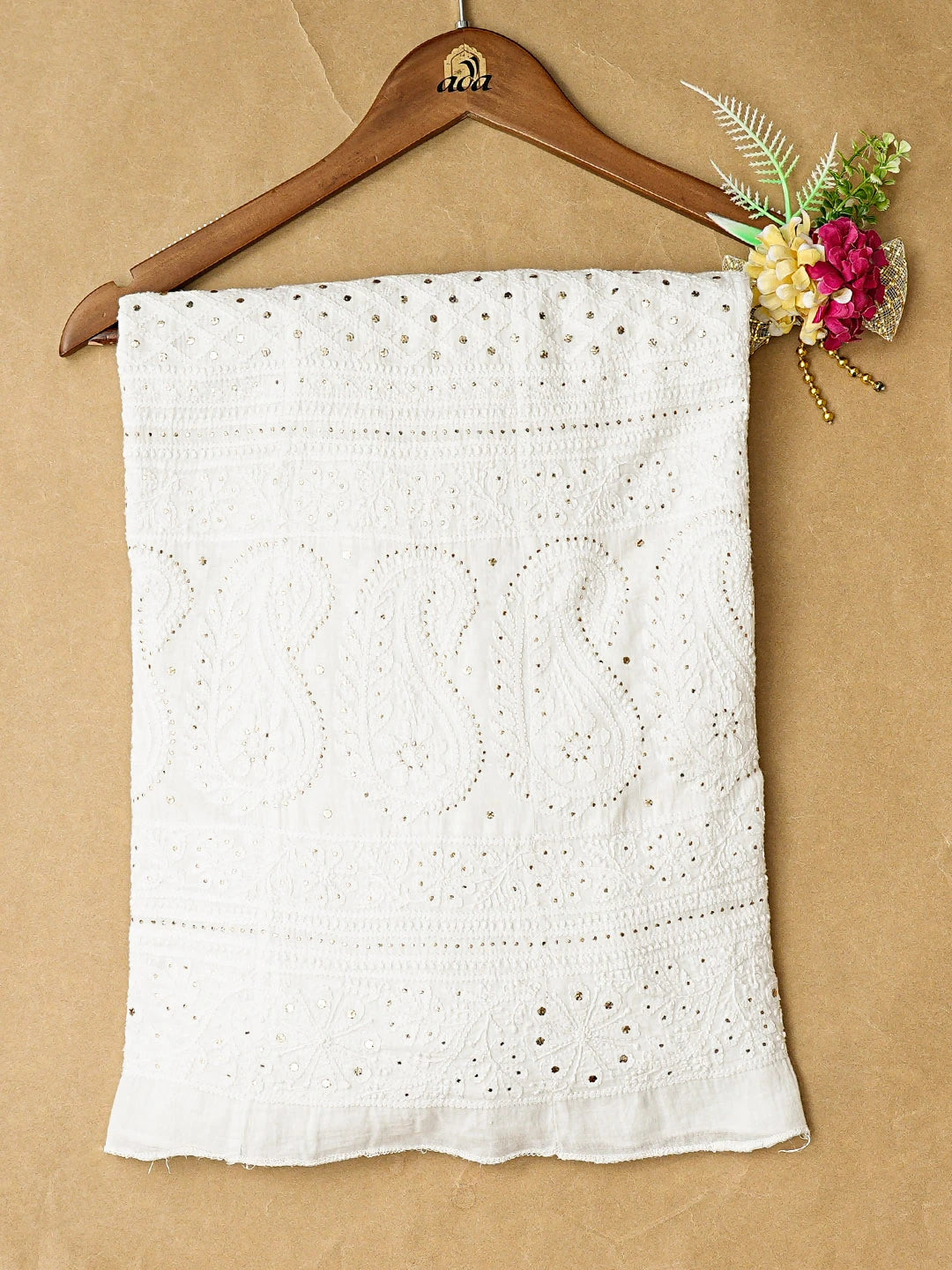 Ada Hand Embroidered White Cotton Lucknowi Chikankari Semi-Stitched Kurta Piece With Mukaish Work 01A394029
