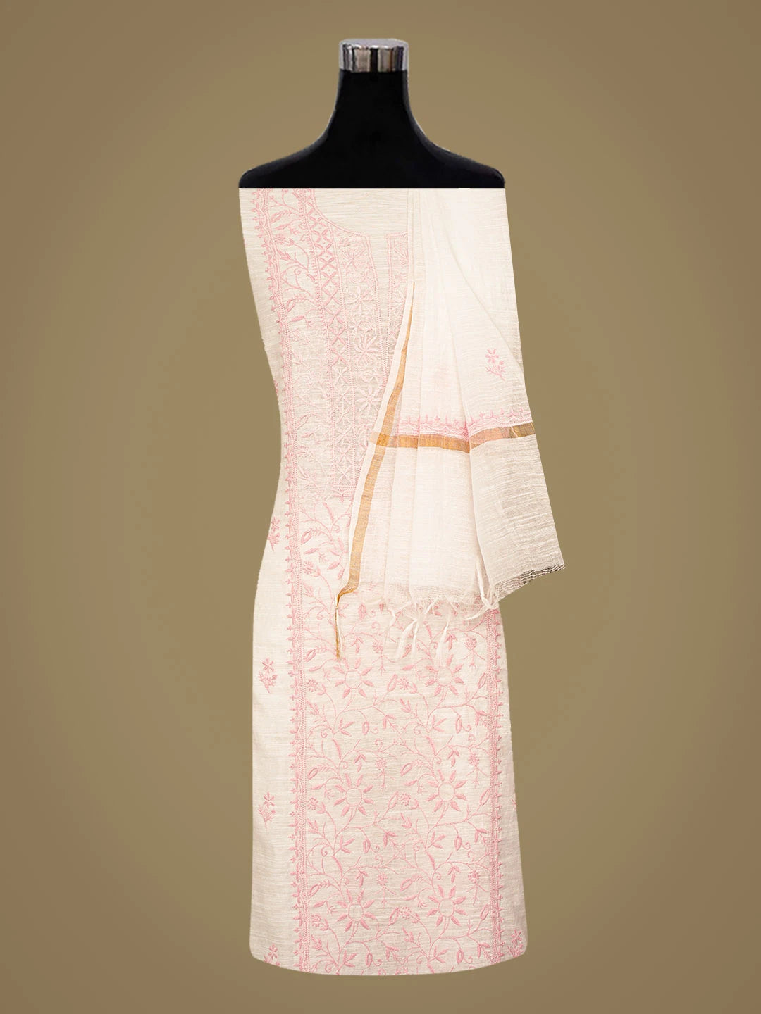 Ada Hand Embroidered White Chanderi Lucknowi Chikankari Unstitched Kurta Dupatta Set 01A778461