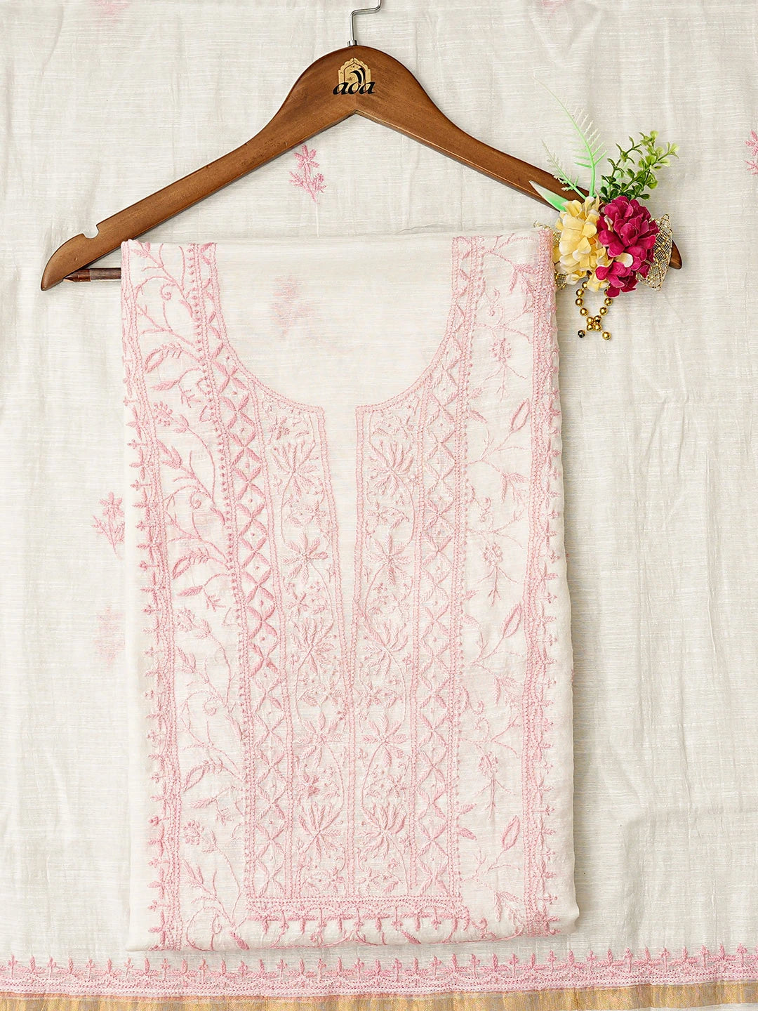 Ada Hand Embroidered White Chanderi Lucknowi Chikankari Unstitched Kurta Dupatta Set 01A778461