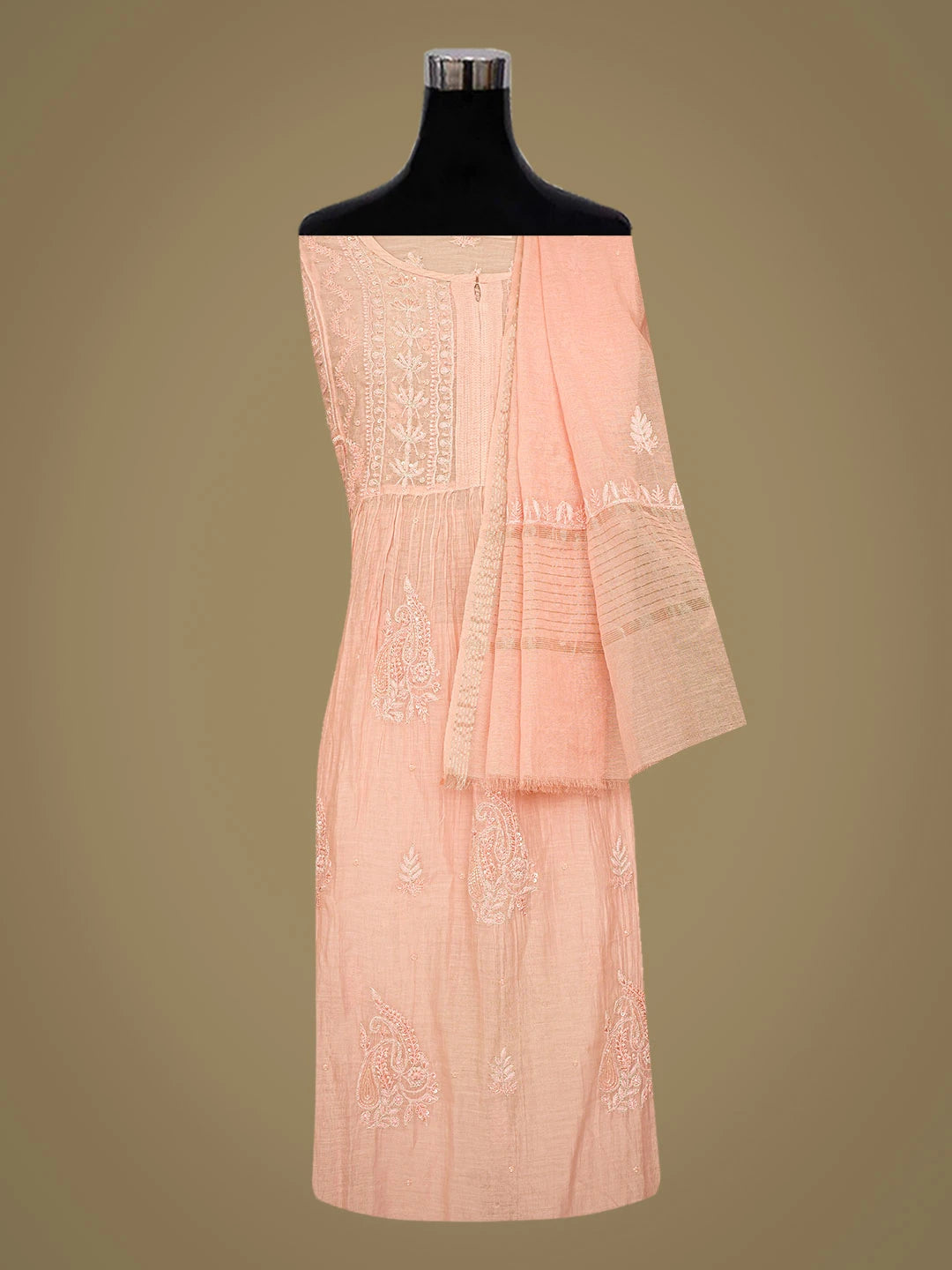 Ada Hand Embroidered Peach Chanderi Lucknowi Chikankari Semi-Stitched Kurta Dupatta Set With Zari Work 01A751507