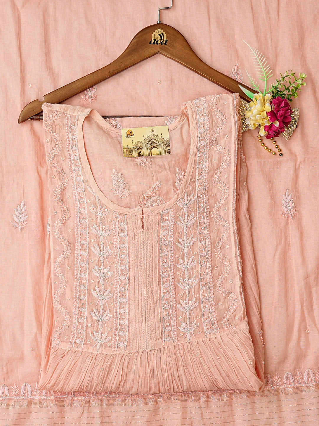 Ada Hand Embroidered Peach Chanderi Lucknowi Chikankari Semi-Stitched Kurta Dupatta Set With Zari Work 01A751507