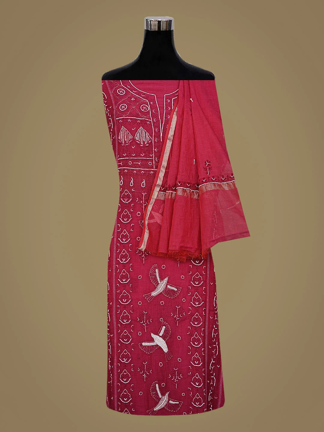 Ada Hand Embroidered Maroon Chanderi Lucknowi Chikankari Semi-Stitched Kurta Dupatta Set With Cutdana Work 01A787734