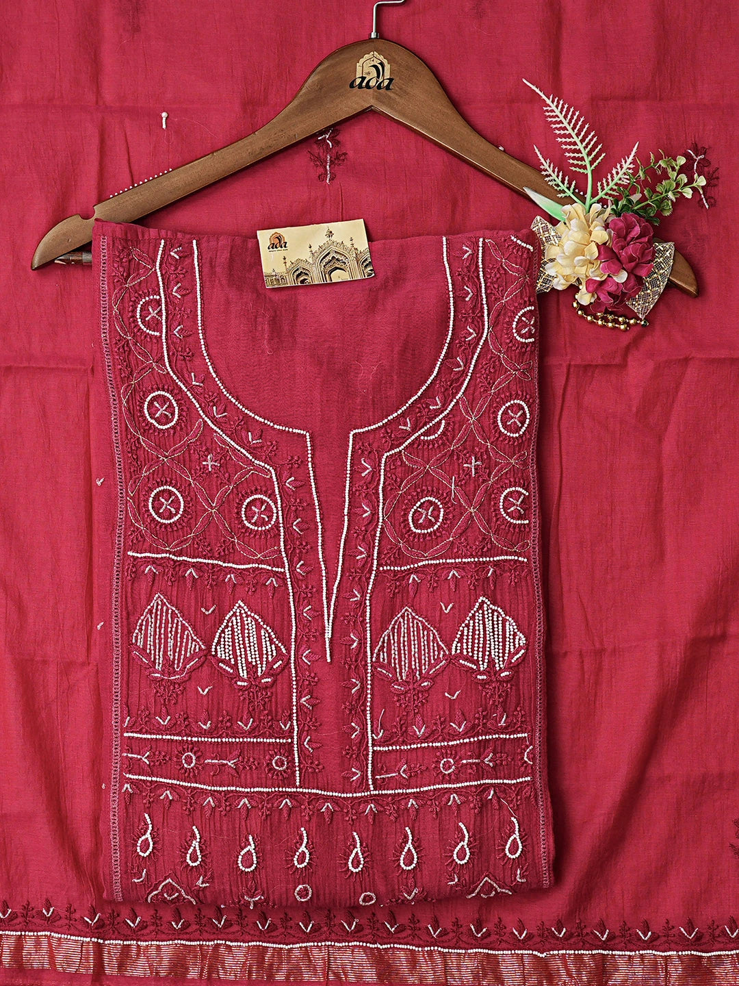 Ada Hand Embroidered Maroon Chanderi Lucknowi Chikankari Semi-Stitched Kurta Dupatta Set With Cutdana Work 01A787734