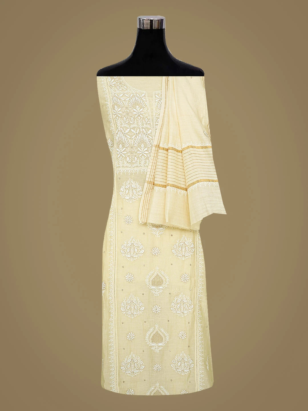 Ada Hand Embroidered Light Fawn Chanderi Lucknowi Chikankari Semi-Stitched Kurta Dupatta Set With Cutdana Work 01A657866