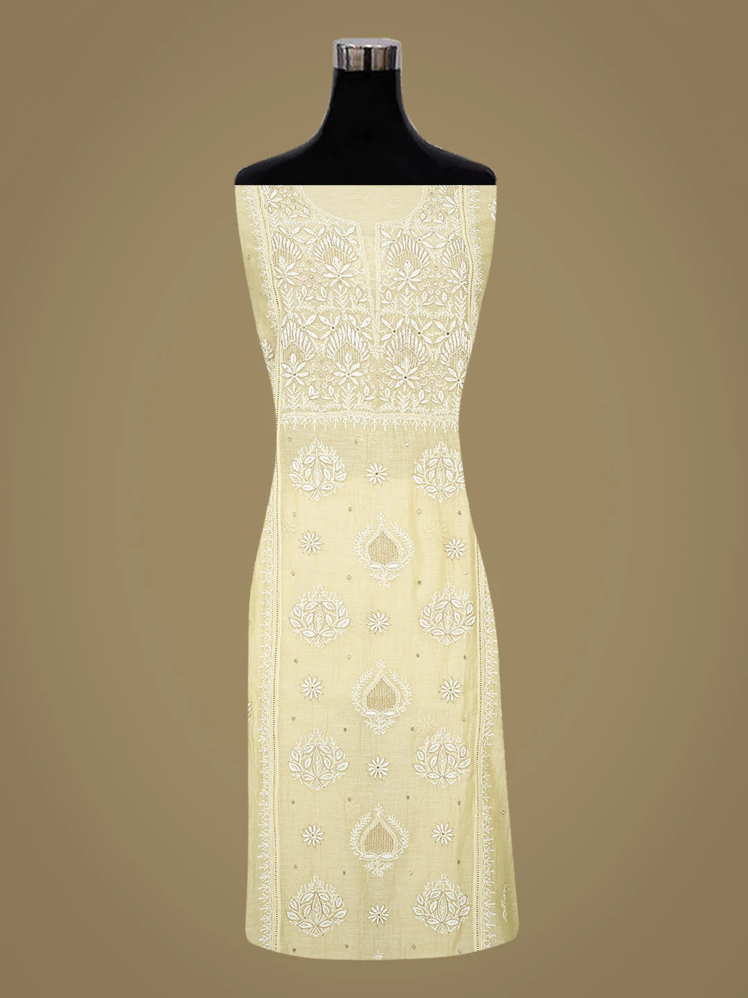 Ada Hand Embroidered Light Fawn Chanderi Lucknowi Chikankari Semi-Stitched Kurta Dupatta Set With Cutdana Work 01A657866