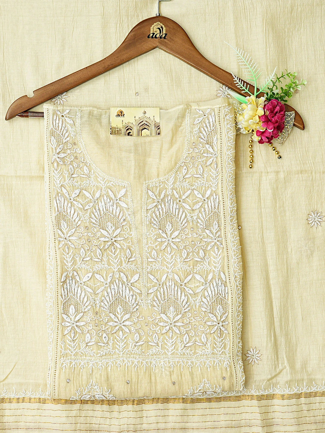 Ada Hand Embroidered Light Fawn Chanderi Lucknowi Chikankari Semi-Stitched Kurta Dupatta Set With Cutdana Work 01A657866