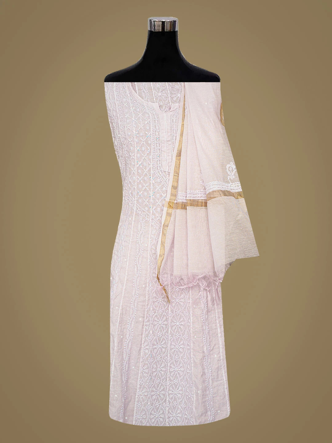Ada Hand Embroidered Lavender Chanderi Lucknowi Chikankari Semi-Stitched Anarkali Kurta Dupatta Set With Cutdana Work 01A850132