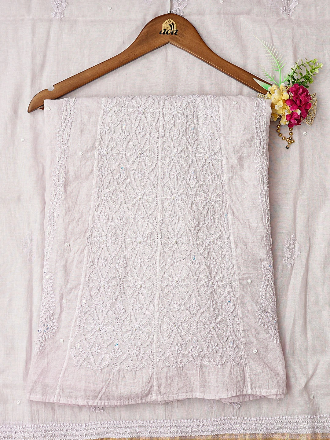 Ada Hand Embroidered Lavender Chanderi Lucknowi Chikankari Semi-Stitched Anarkali Kurta Dupatta Set With Cutdana Work 01A850132