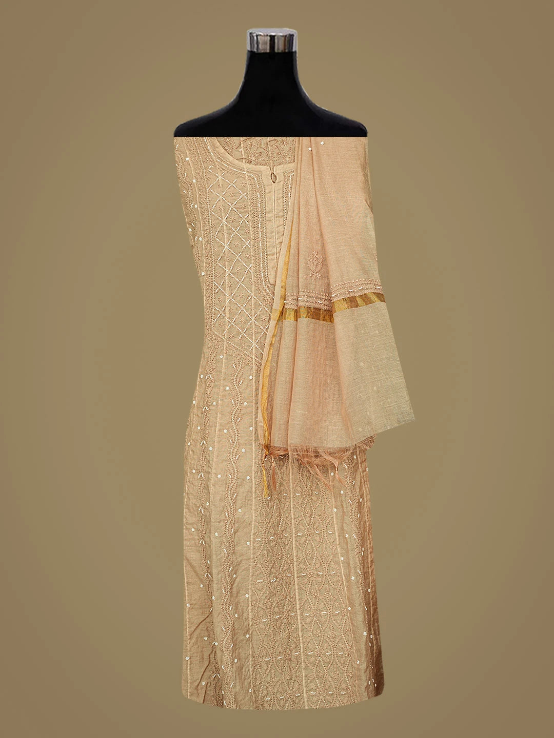 Ada Hand Embroidered Dusty Peach Chanderi Lucknowi Chikankari Semi-Stitched Anarkali Kurta Dupatta Set With Pearl Work 01A850134