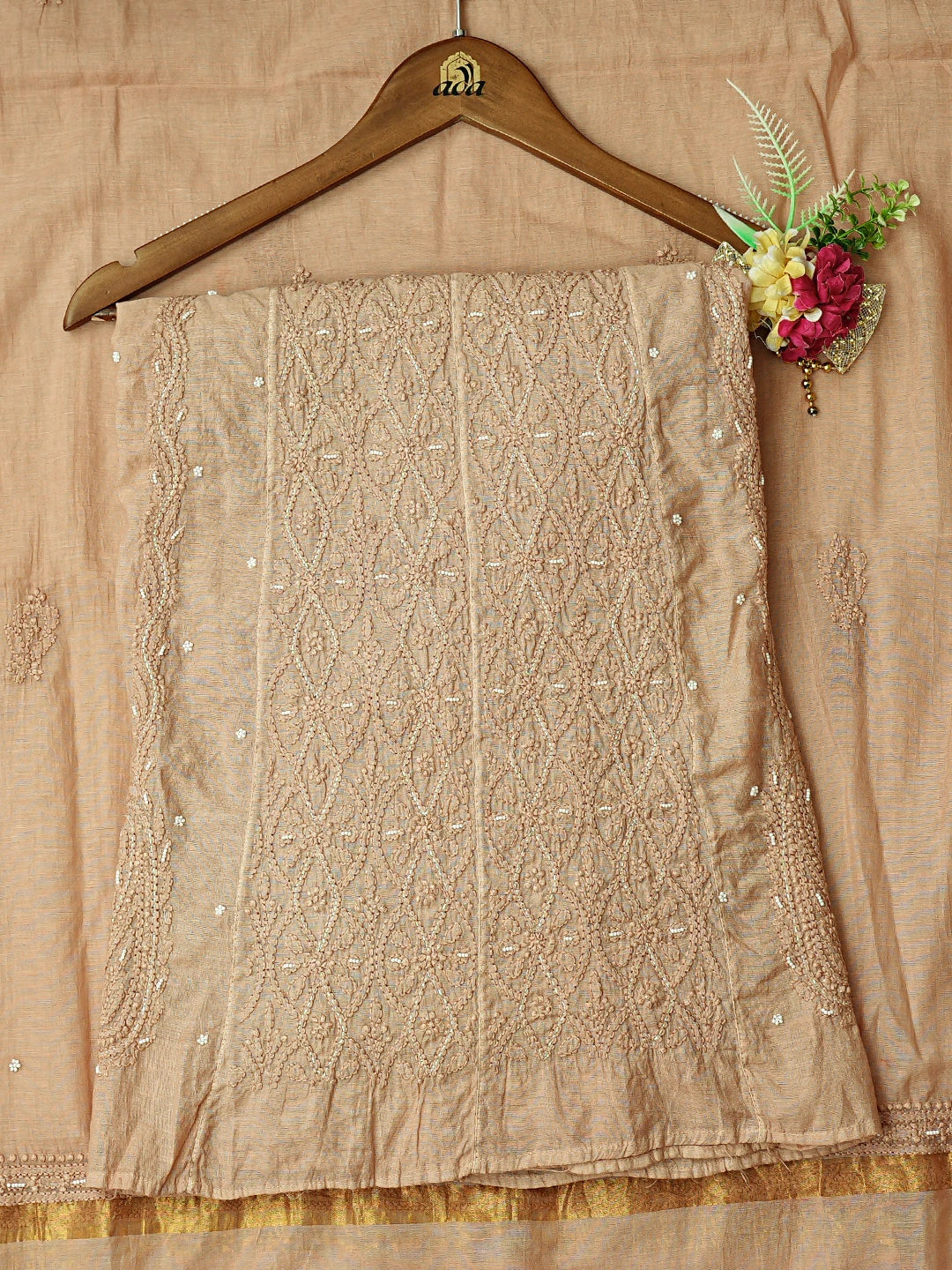 Ada Hand Embroidered Dusty Peach Chanderi Lucknowi Chikankari Semi-Stitched Anarkali Kurta Dupatta Set With Pearl Work 01A850134