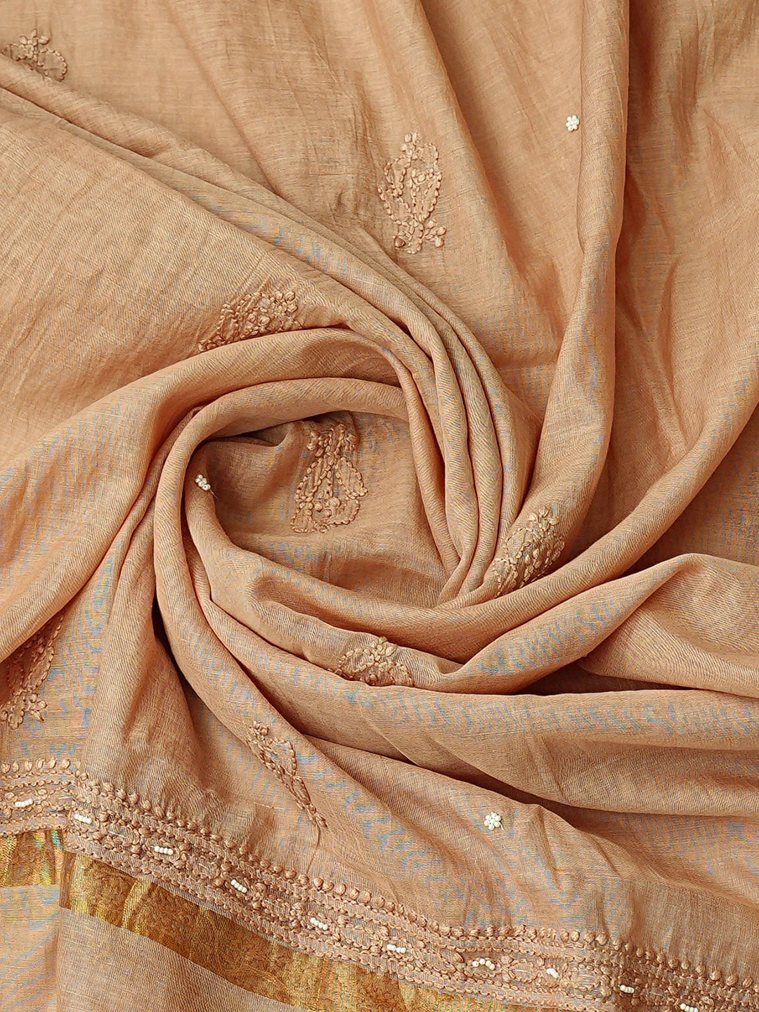 Ada Hand Embroidered Dusty Peach Chanderi Lucknowi Chikankari Semi-Stitched Anarkali Kurta Dupatta Set With Pearl Work 01A850134