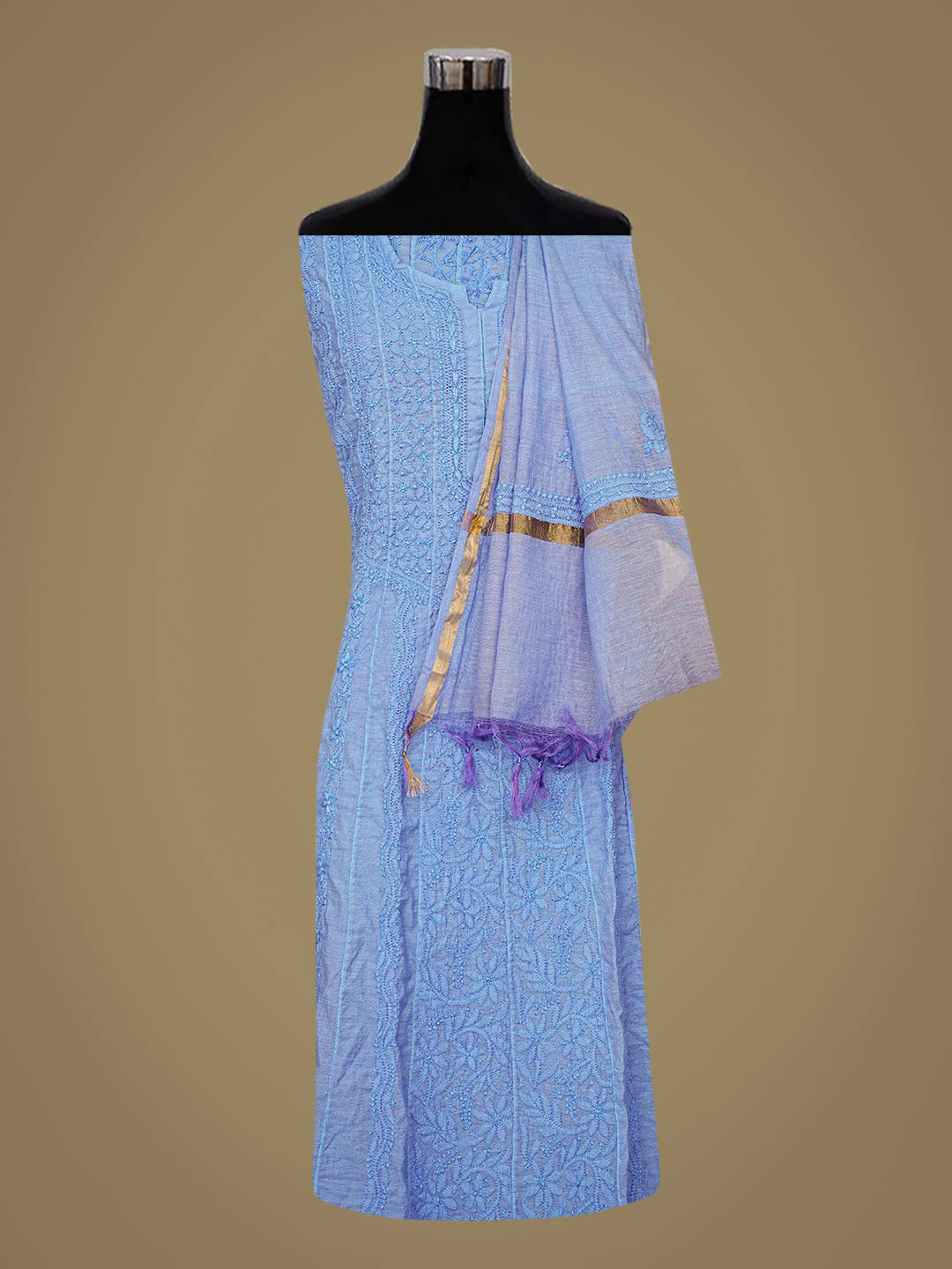 Ada Hand Embroidered Blue Chanderi Lucknowi Chikankari Semi-Stitched Anarkali Kurta Dupatta Set 01A850159