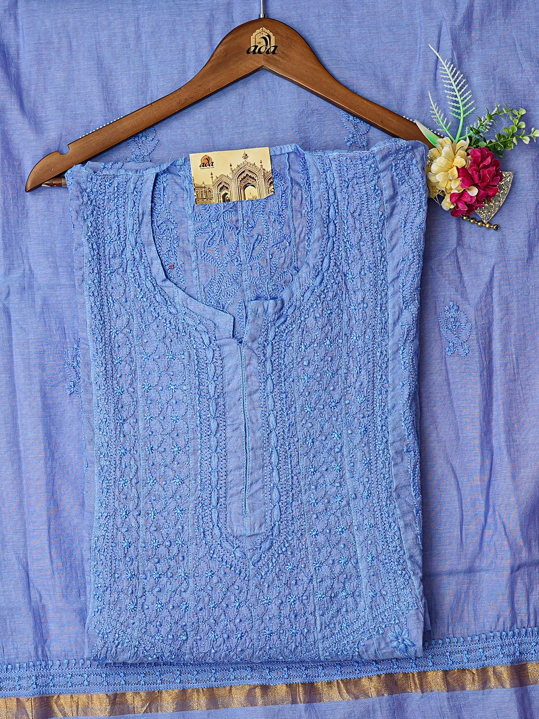Ada Hand Embroidered Blue Chanderi Lucknowi Chikankari Semi-Stitched Anarkali Kurta Dupatta Set 01A850159