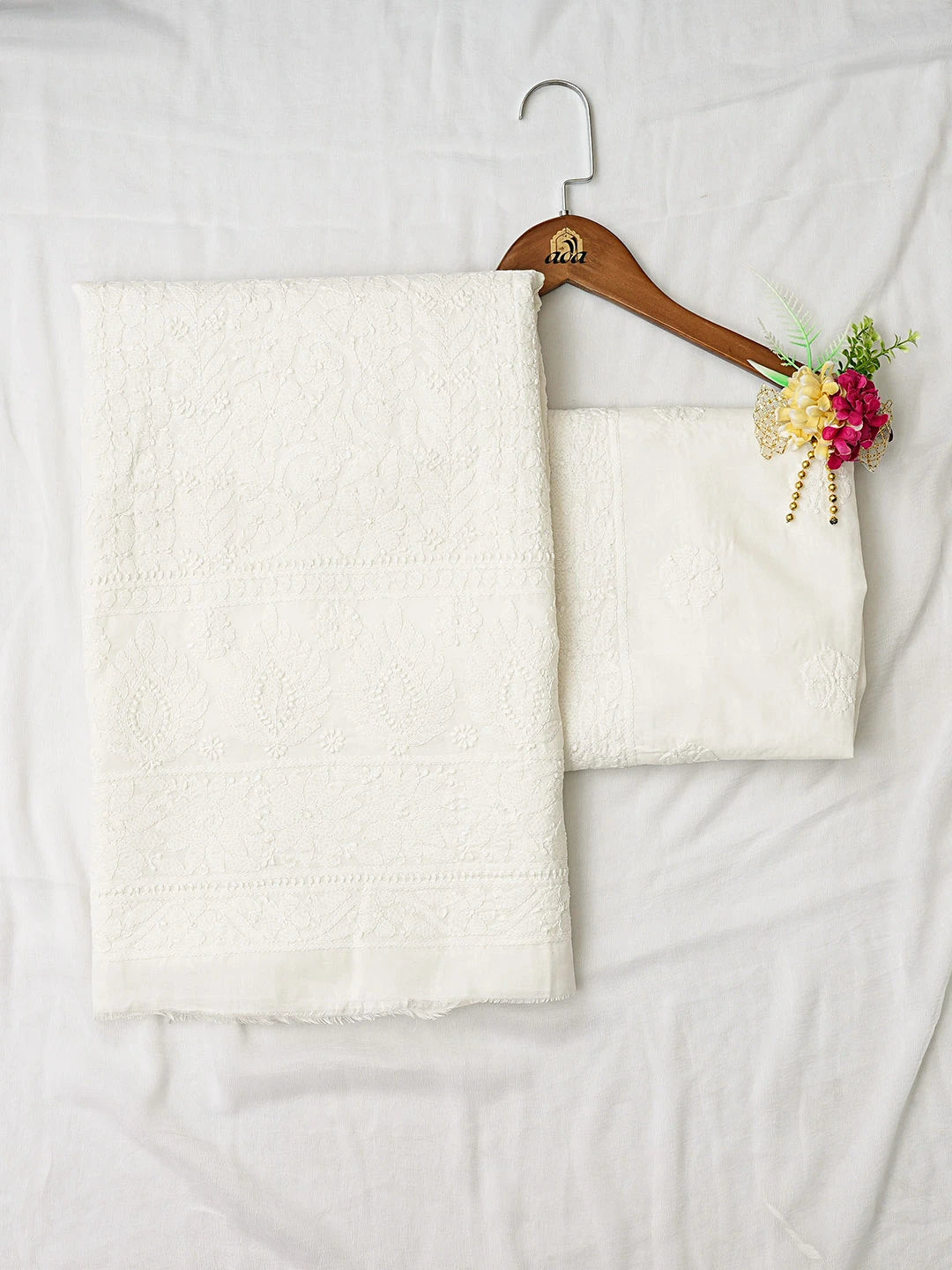 Ada Hand Embroidered White Cotton Lucknowi Chikankari Unstitched Suit Piece 01A713694