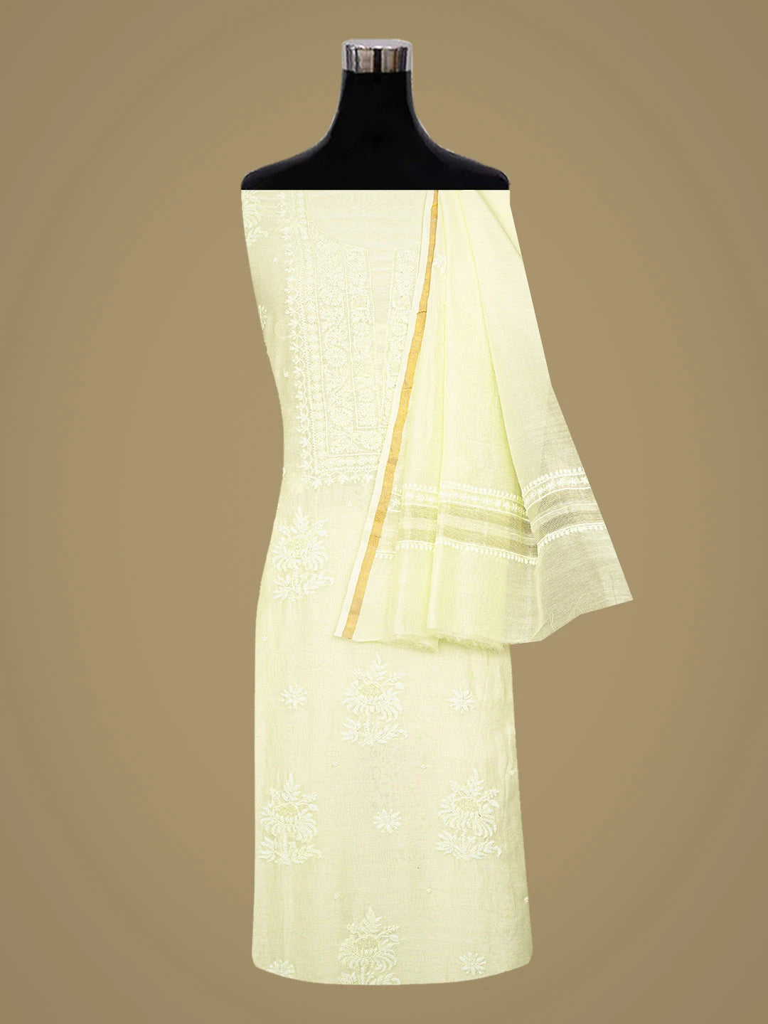Ada Hand Embroidered Lemon Chanderi Lucknowi Chikankari Unstitched Suit Piece With Cutdana Work 01A842106