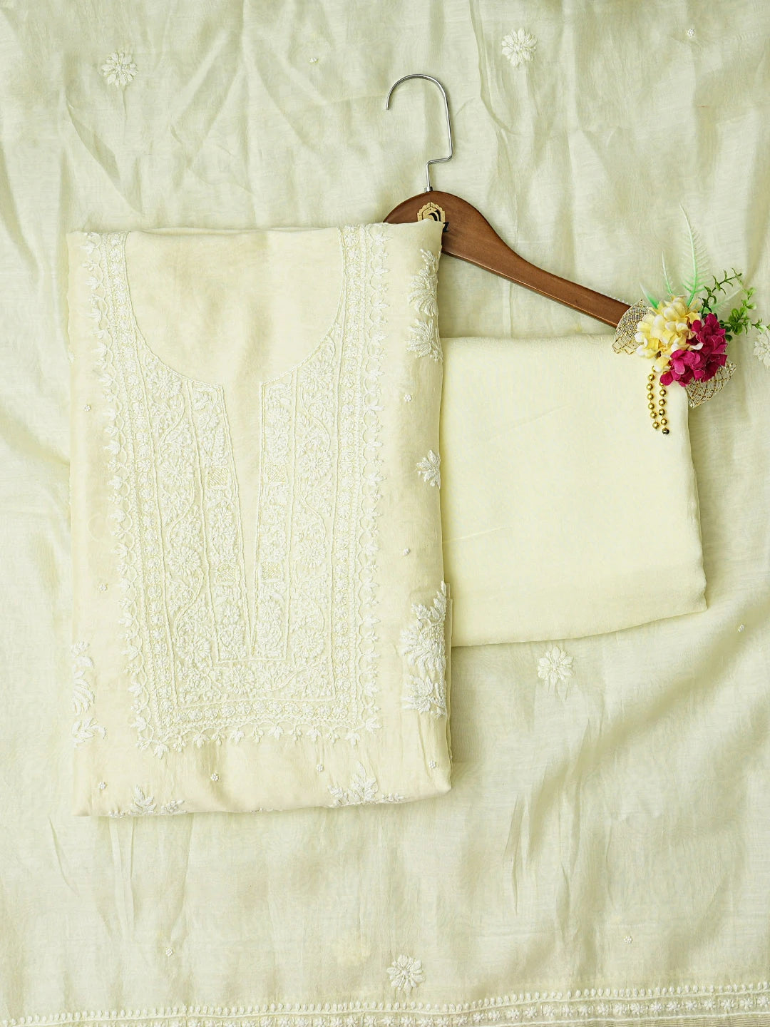 Ada Hand Embroidered Lemon Chanderi Lucknowi Chikankari Unstitched Suit Piece With Cutdana Work 01A842106