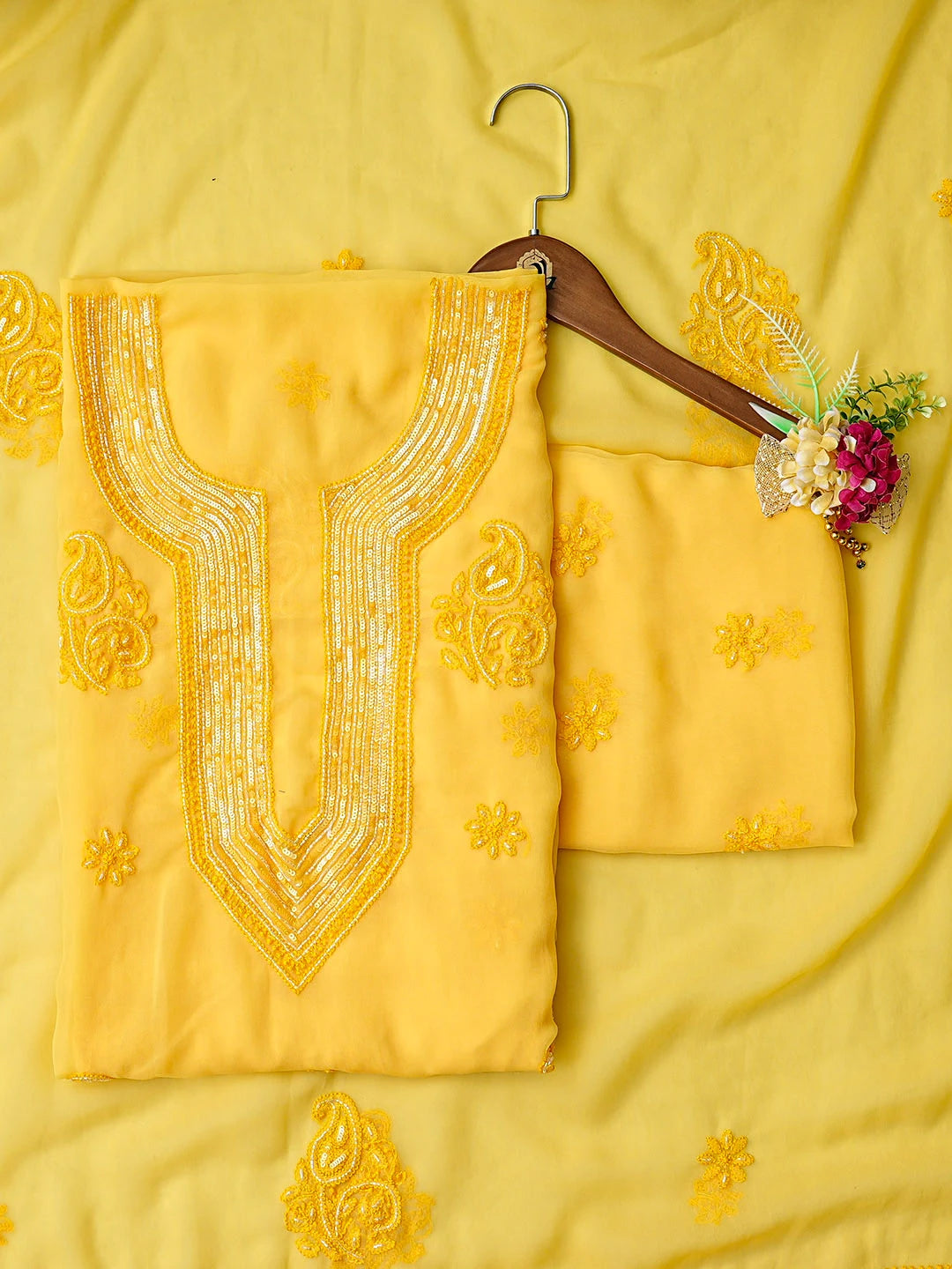 Ada Hand Embroidered Yellow Georgette Lucknowi Chikankari Unstitched Suit Piece With Cutdana Work 01A713311