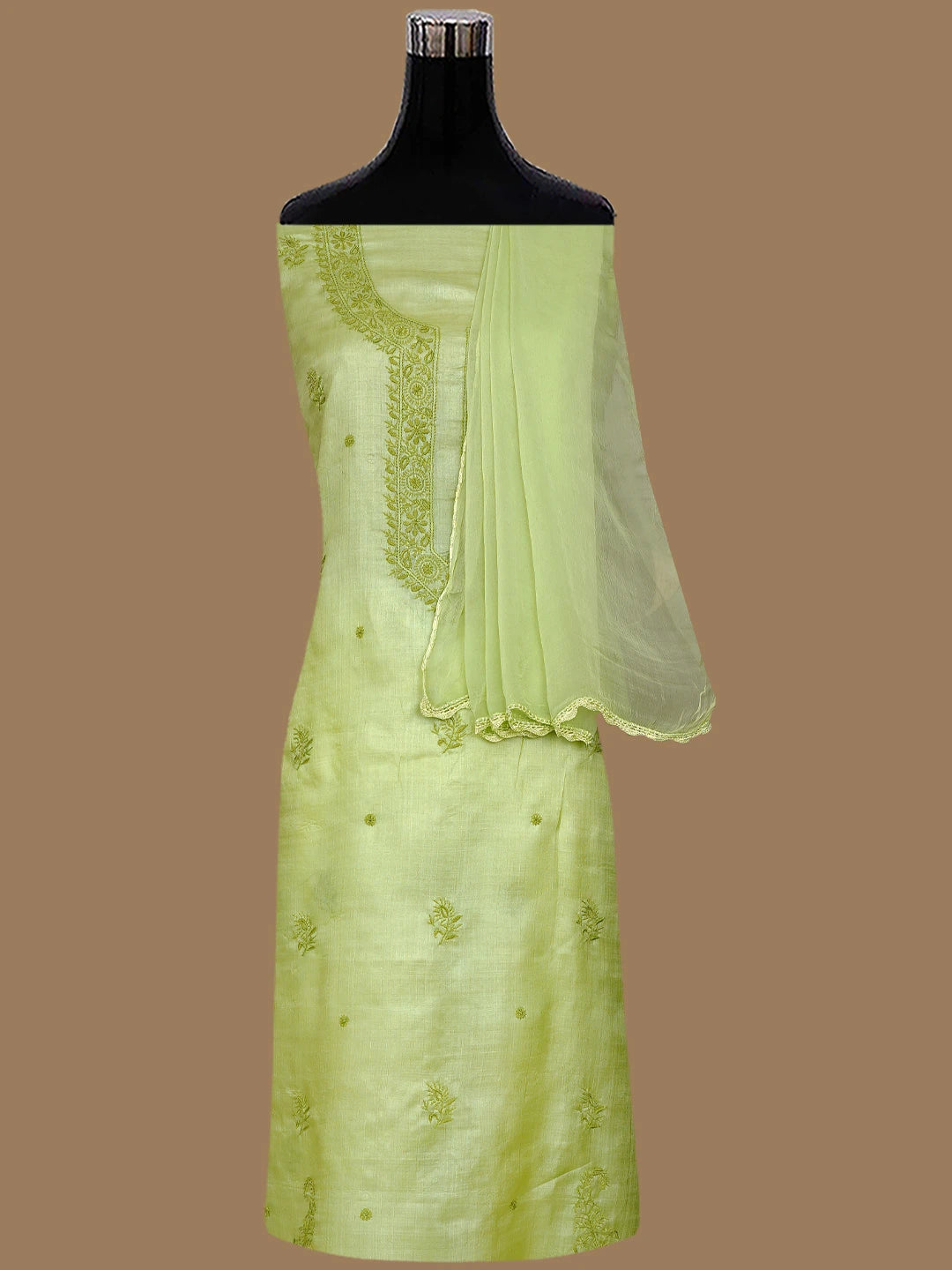 Ada Hand Embroidered Pear Green Silk Lucknowi Chikankari Unstitched Suit Piece 01A816002