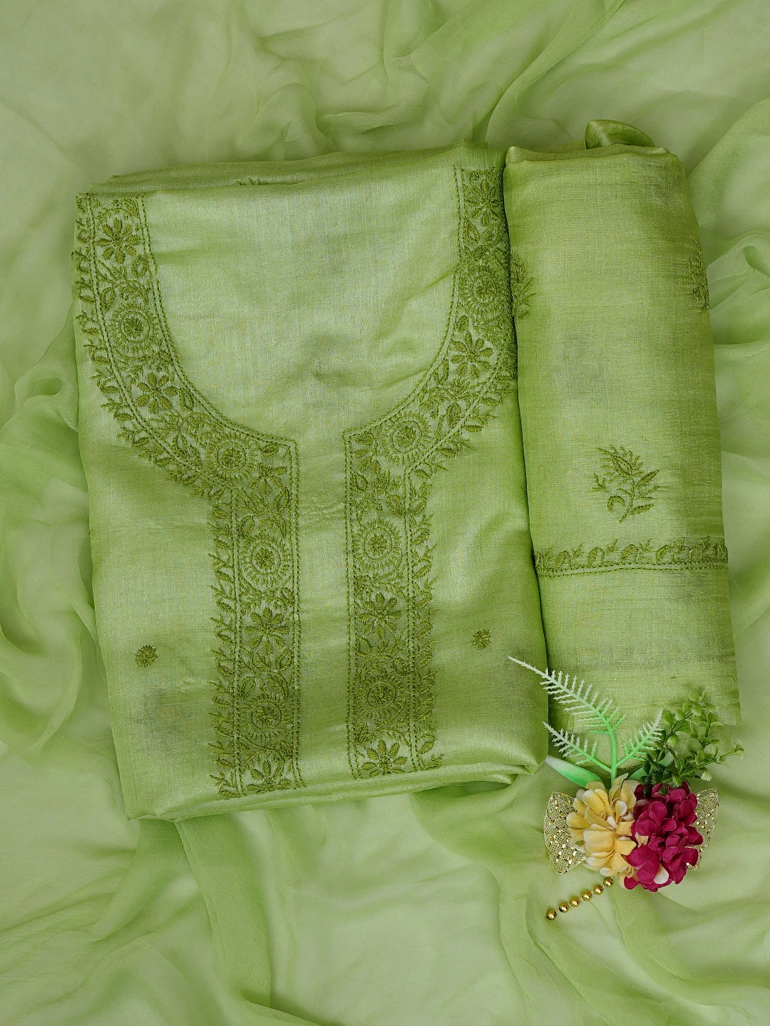 Ada Hand Embroidered Pear Green Silk Lucknowi Chikankari Unstitched Suit Piece 01A816002