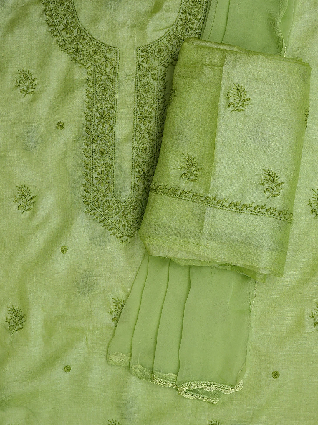 Ada Hand Embroidered Pear Green Silk Lucknowi Chikankari Unstitched Suit Piece 01A816002