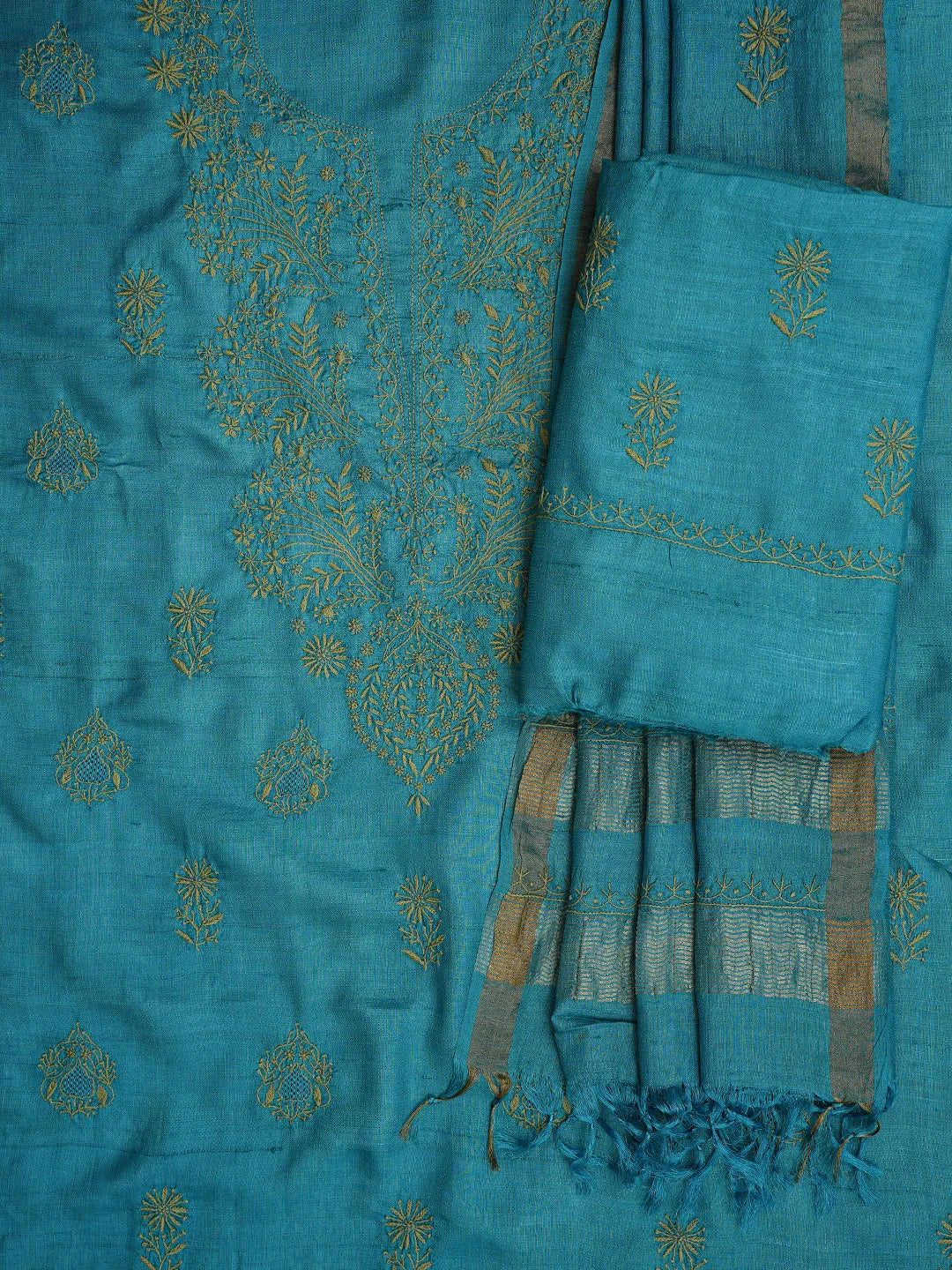Ada Hand Embroidered Cerulean Blue Silk Lucknowi Chikankari Unstitched Suit Piece 01A782955