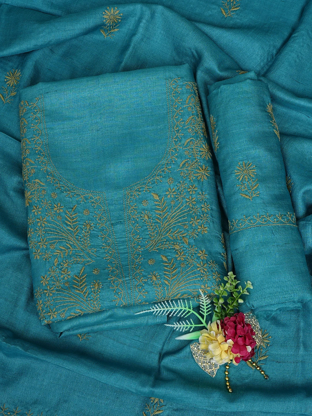 Ada Hand Embroidered Cerulean Blue Silk Lucknowi Chikankari Unstitched Suit Piece 01A782955