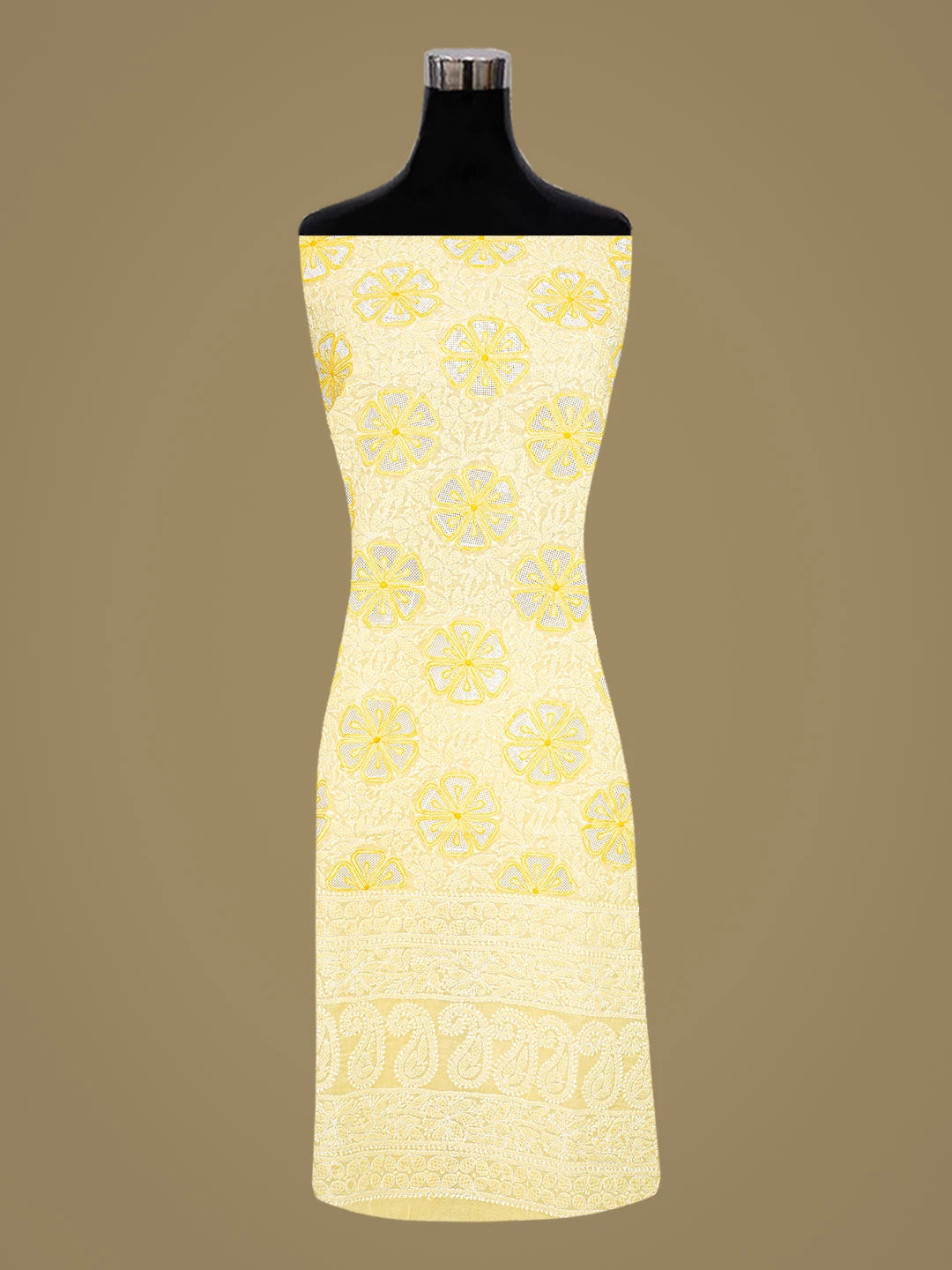 Ada Hand Embroidered Yellow Cotton Lucknowi Chikankari Unstitched Kurta Piece 01A835569