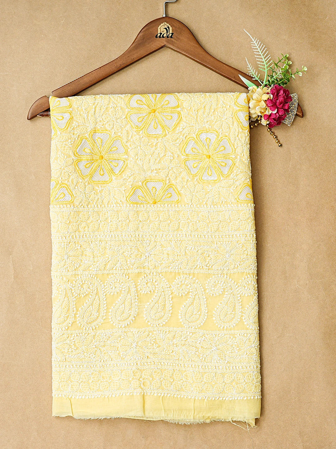 Ada Hand Embroidered Yellow Cotton Lucknowi Chikankari Unstitched Kurta Piece 01A835569