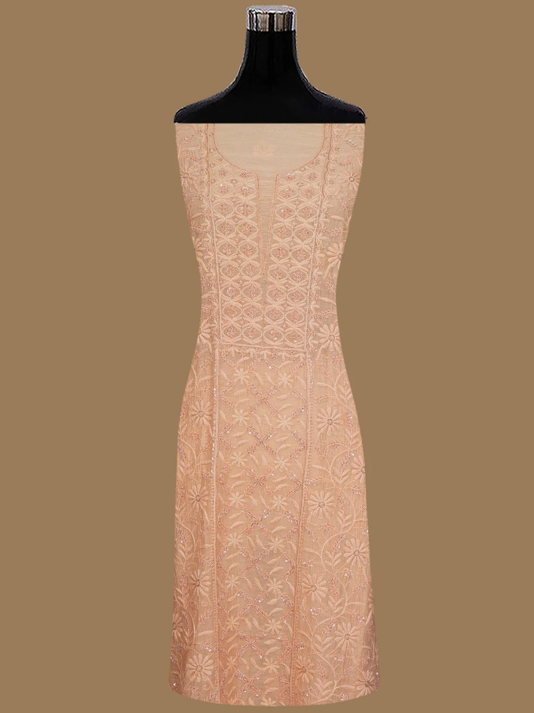 Ada Hand Embroidered Peach Chanderi Lucknowi Chikankari Unstitched Kurta Dupatta Set With Cutdana Work 01A741503