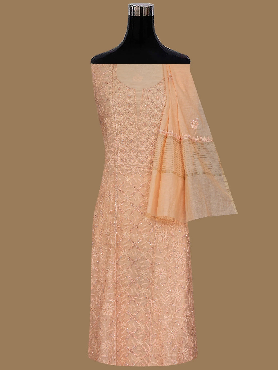 Ada Hand Embroidered Peach Chanderi Lucknowi Chikankari Unstitched Kurta Dupatta Set With Cutdana Work 01A741503