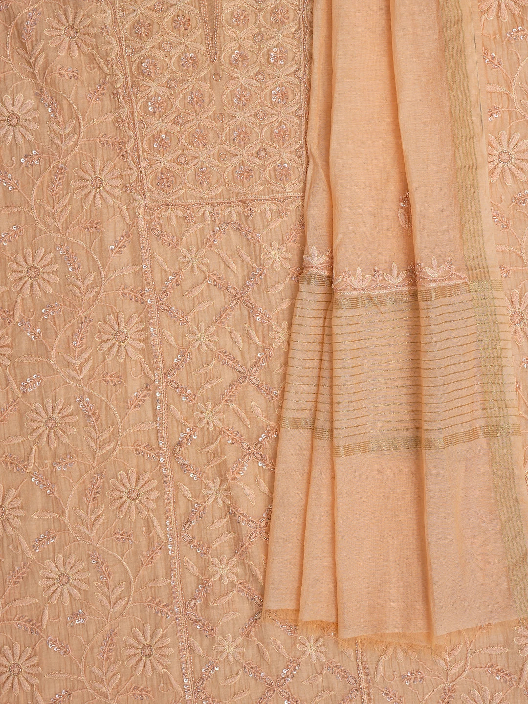 Ada Hand Embroidered Peach Chanderi Lucknowi Chikankari Unstitched Kurta Dupatta Set With Cutdana Work 01A741503
