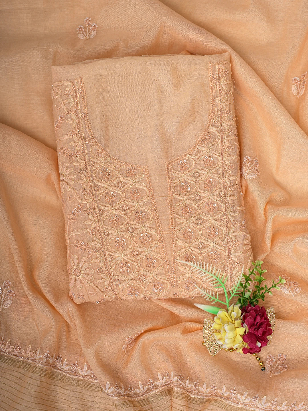 Ada Hand Embroidered Peach Chanderi Lucknowi Chikankari Unstitched Kurta Dupatta Set With Cutdana Work 01A741503