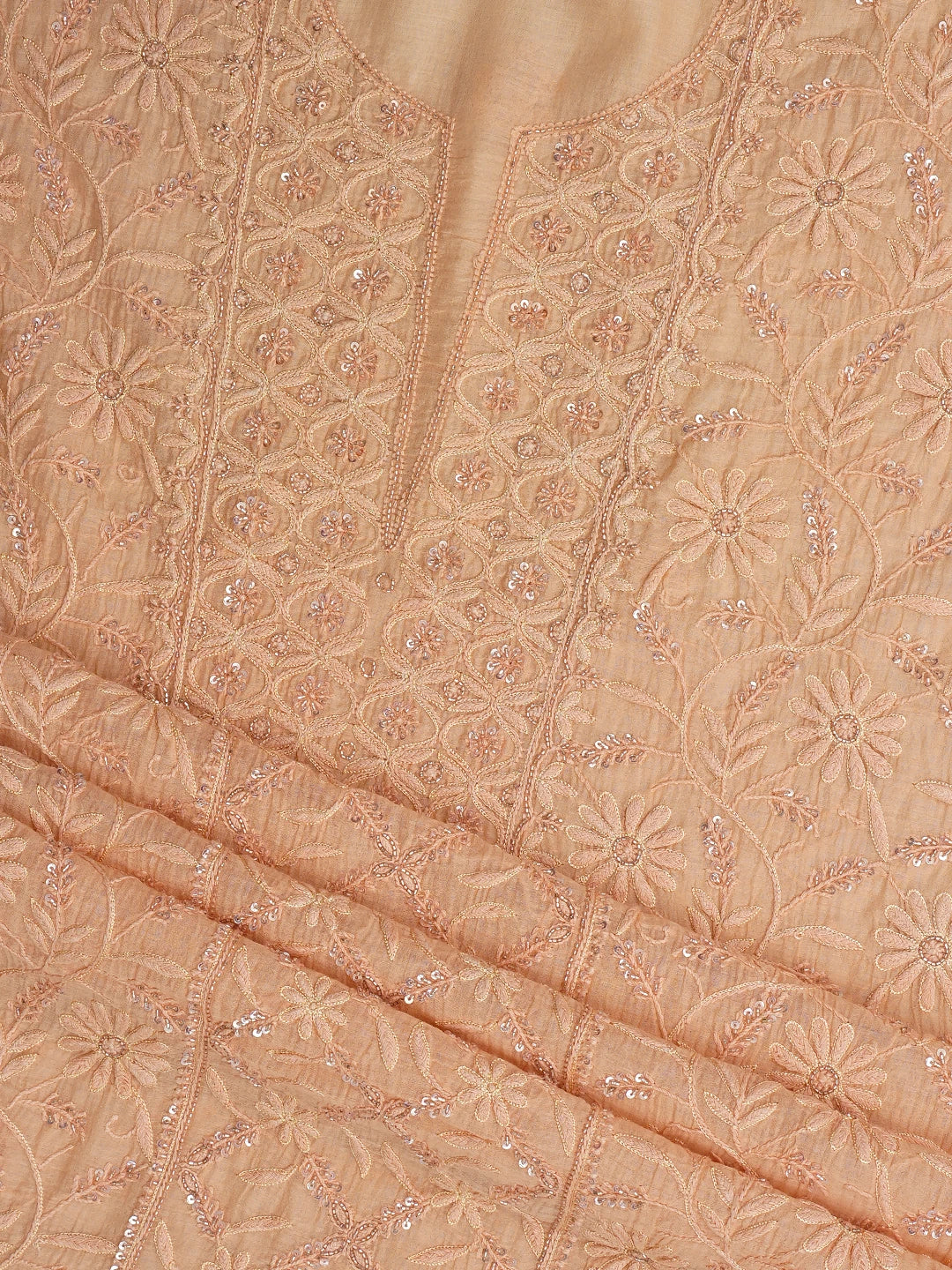 Ada Hand Embroidered Peach Chanderi Lucknowi Chikankari Unstitched Kurta Dupatta Set With Cutdana Work 01A741503