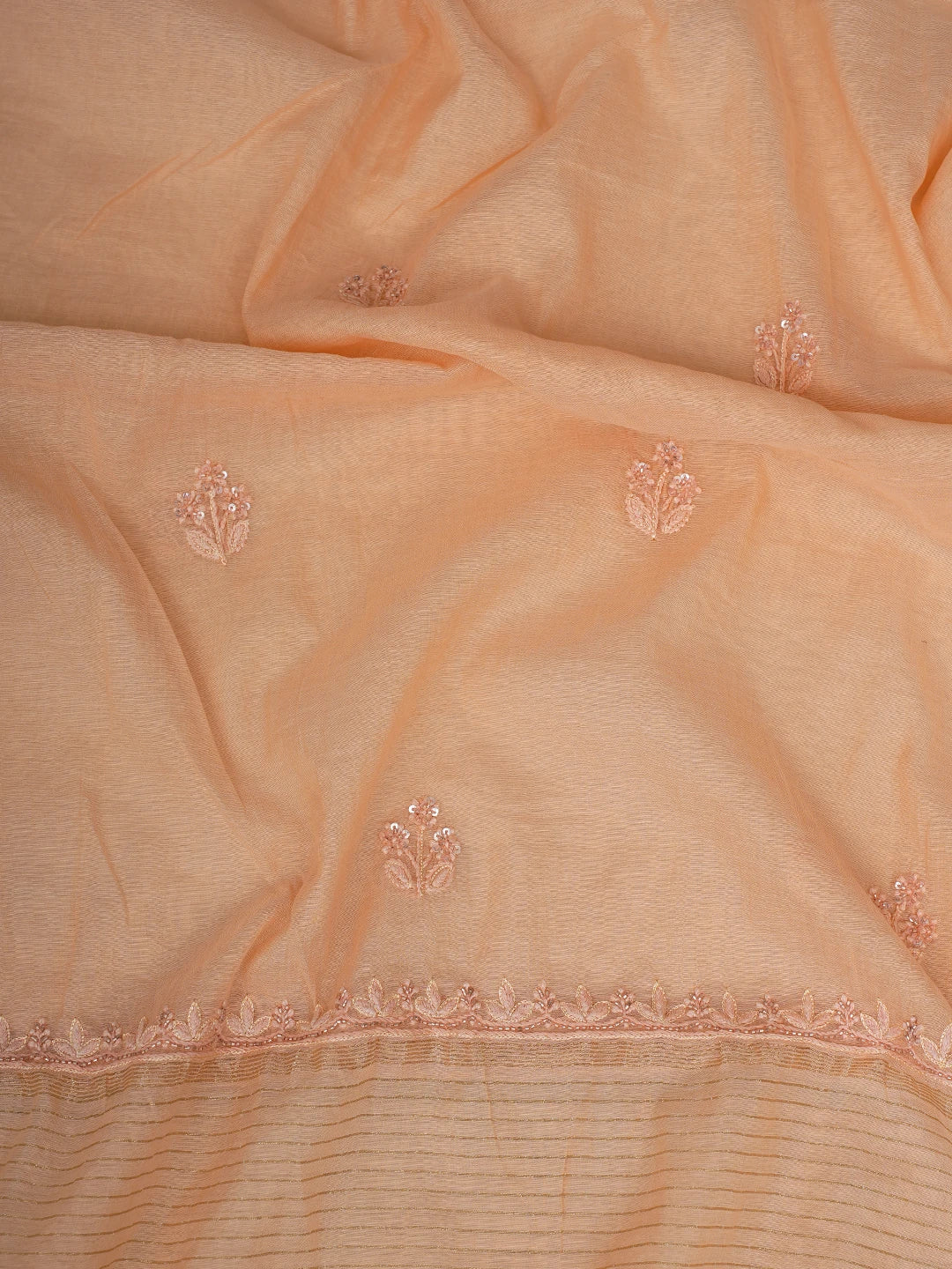 Ada Hand Embroidered Peach Chanderi Lucknowi Chikankari Unstitched Kurta Dupatta Set With Cutdana Work 01A741503