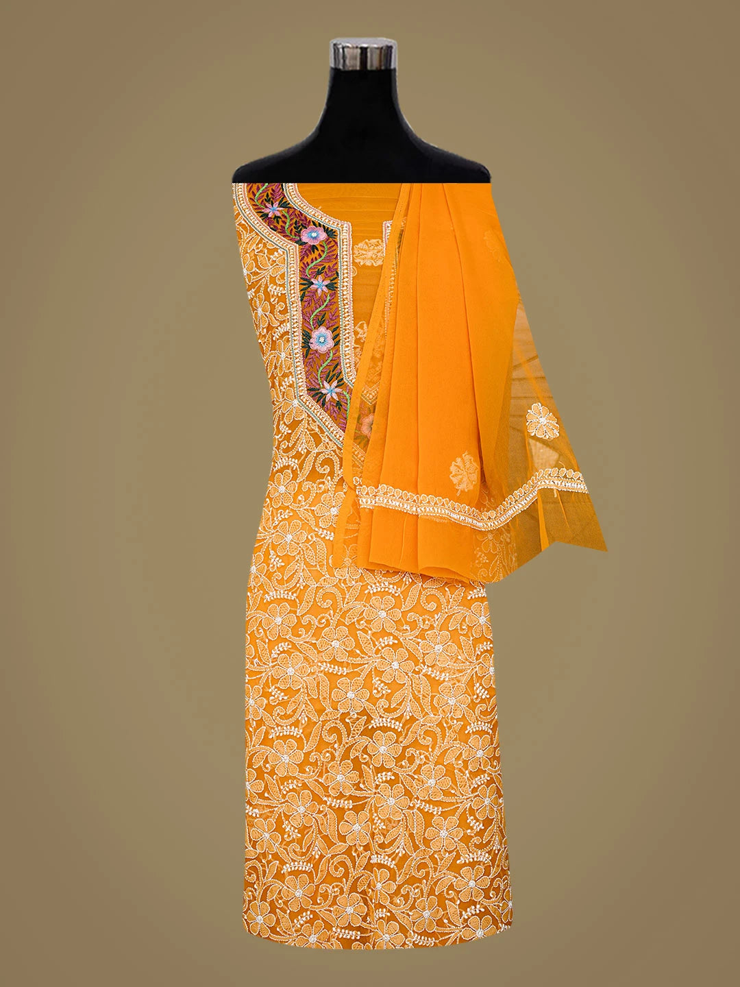 Ada Hand Embroidered Mustard Georgette Lucknowi Chikankari Unstitched Suit Piece With Parsi Work 01A345675