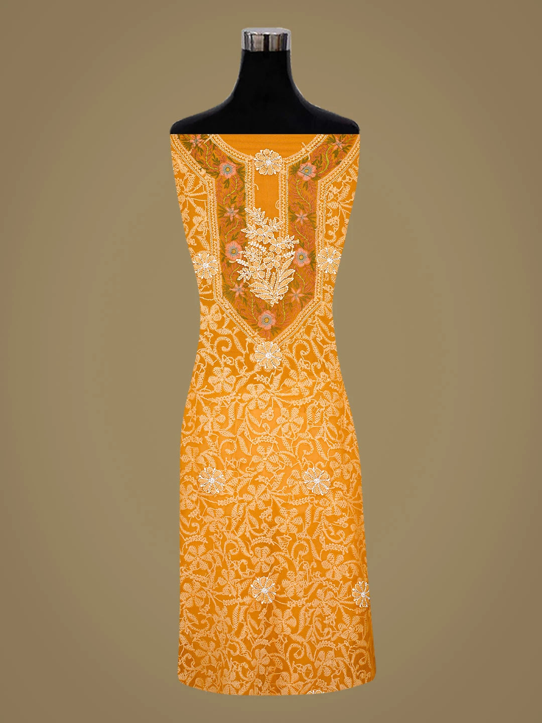 Ada Hand Embroidered Mustard Georgette Lucknowi Chikankari Unstitched Suit Piece With Parsi Work 01A345675
