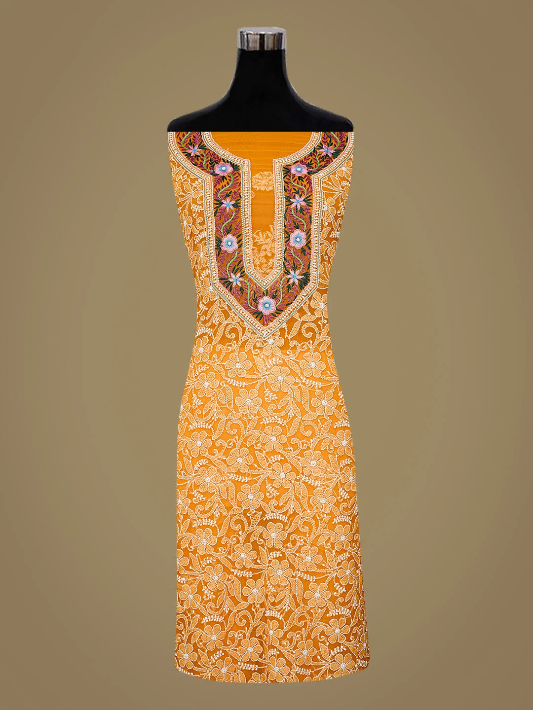 Ada Hand Embroidered Mustard Georgette Lucknowi Chikankari Unstitched Suit Piece With Parsi Work 01A345675