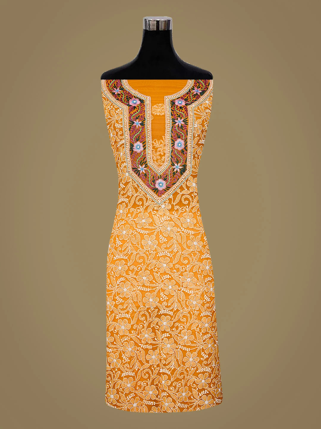 Ada Hand Embroidered Mustard Georgette Lucknowi Chikankari Unstitched Suit Piece With Parsi Work 01A345675