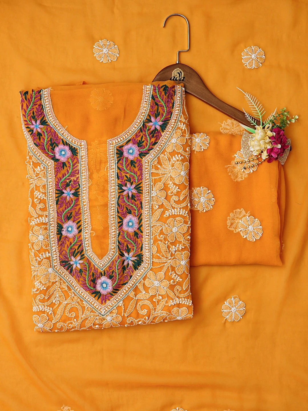 Ada Hand Embroidered Mustard Georgette Lucknowi Chikankari Unstitched Suit Piece With Parsi Work 01A345675