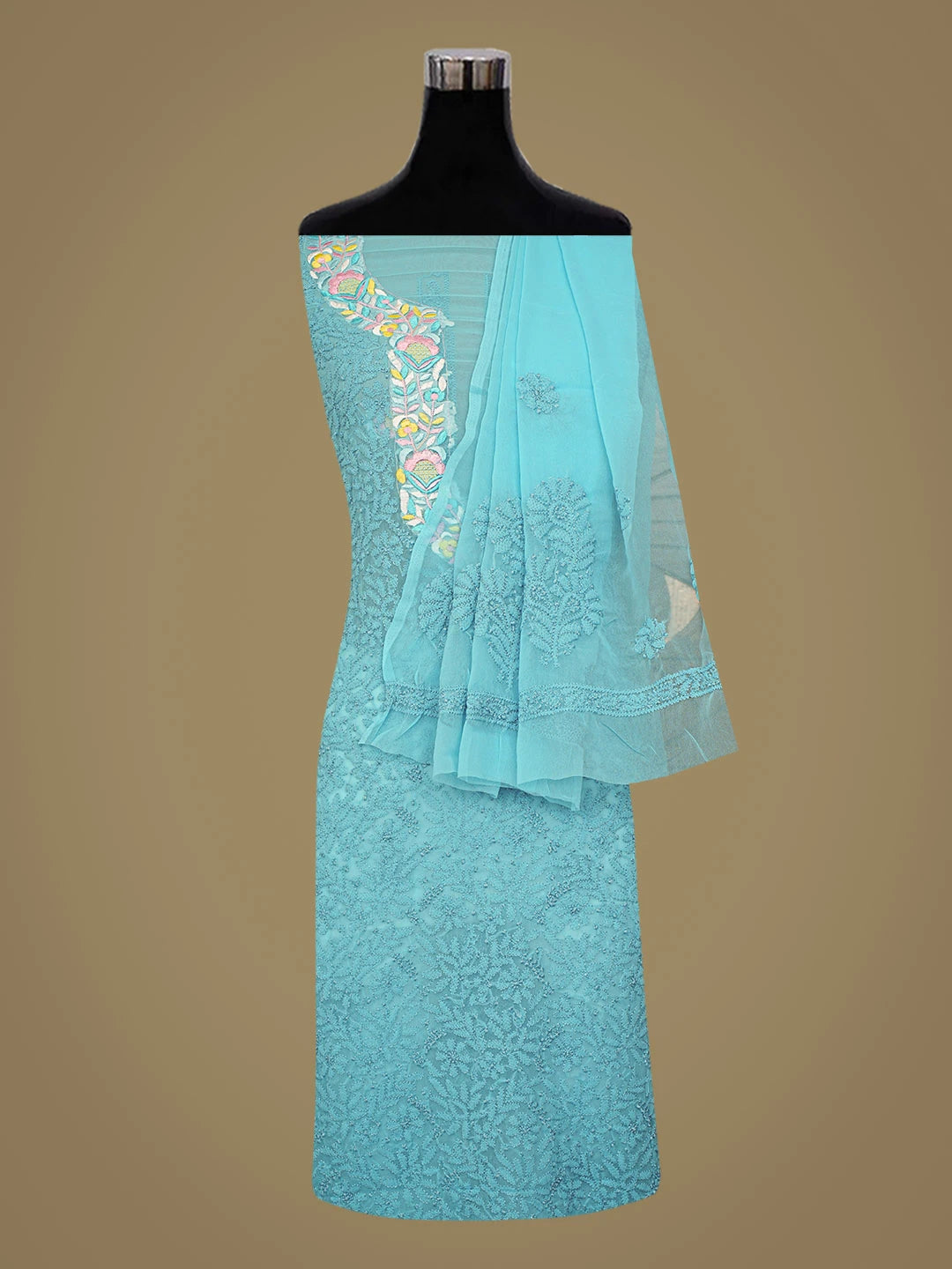 Ada Hand Embroidered Blue Georgette Lucknowi Chikankari Unstitched Suit Piece With Parsi Work 01A750073