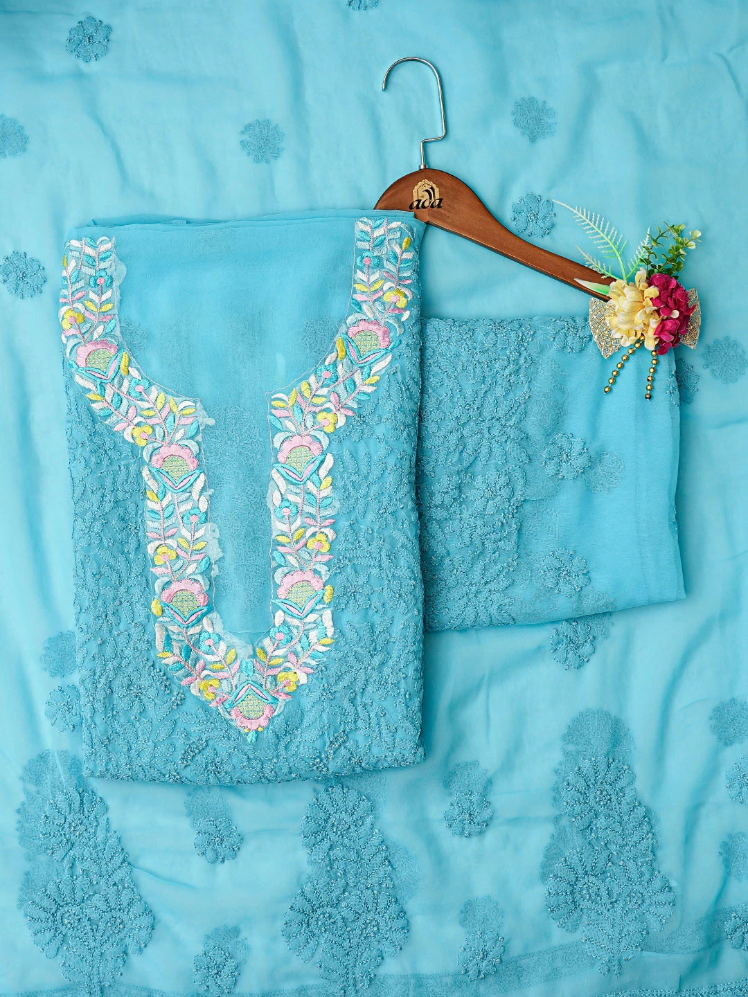 Ada Hand Embroidered Blue Georgette Lucknowi Chikankari Unstitched Suit Piece With Parsi Work 01A750073
