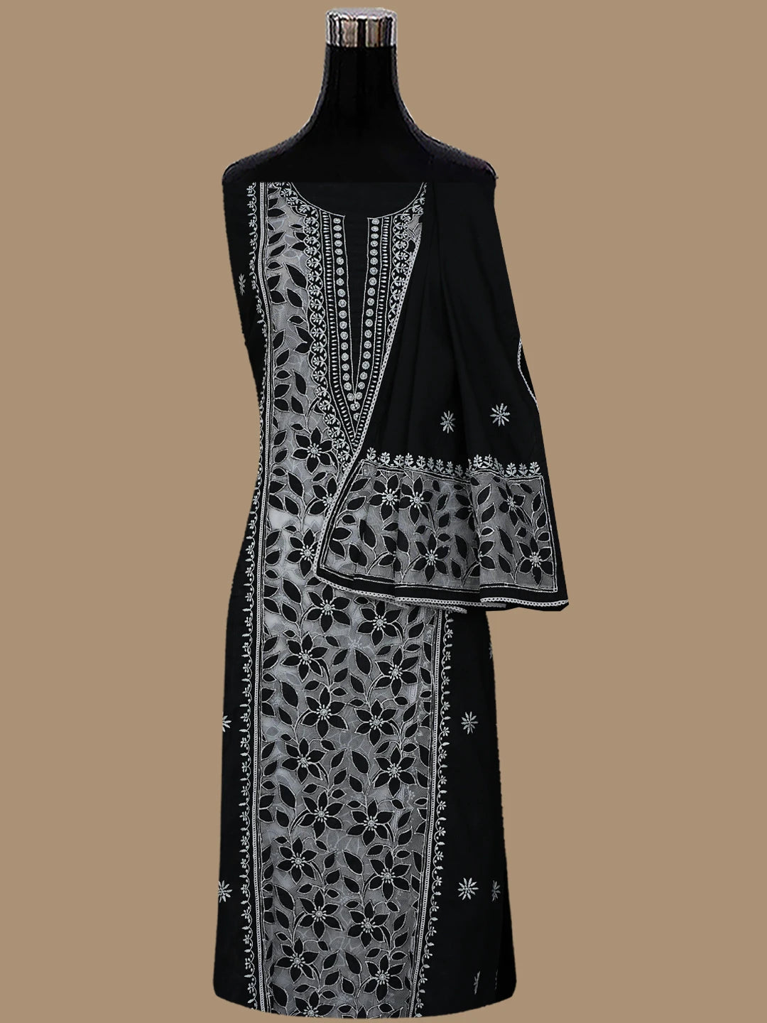 Ada Hand Embroidered Black Cotton And Net Lucknowi Chikankari Semi-stitched Kurta Dupatta Set 01A857072