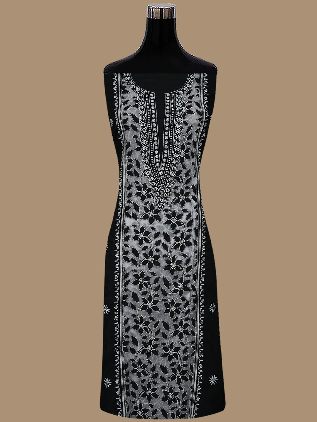 Ada Hand Embroidered Black Cotton And Net Lucknowi Chikankari Semi-stitched Kurta Dupatta Set 01A857072