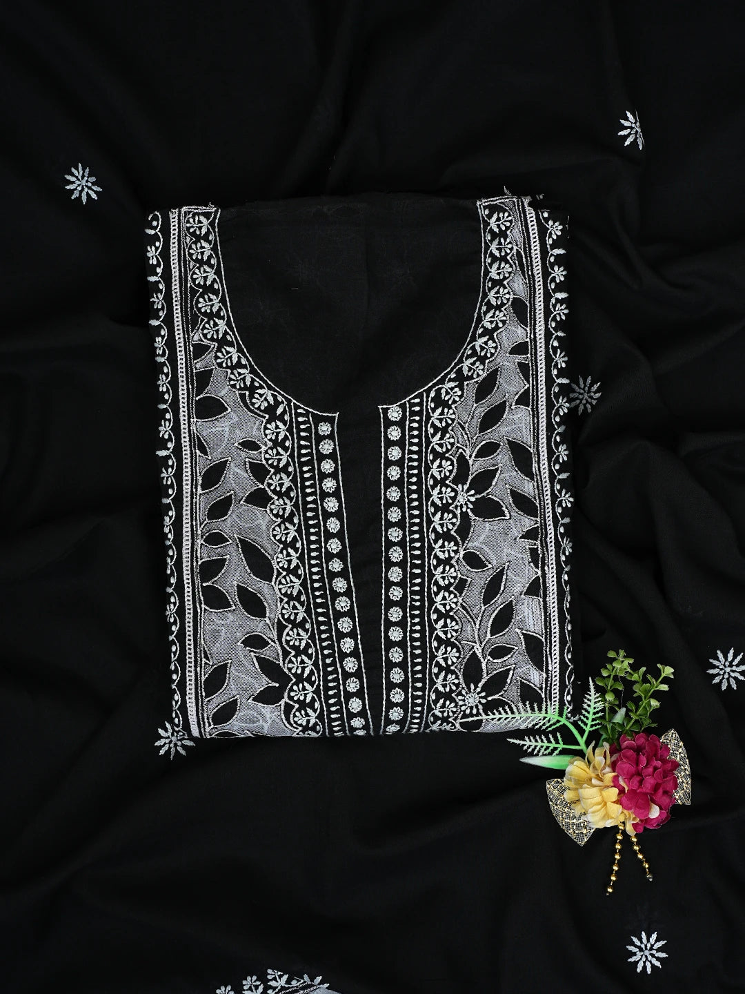 Ada Hand Embroidered Black Cotton And Net Lucknowi Chikankari Semi-stitched Kurta Dupatta Set 01A857072